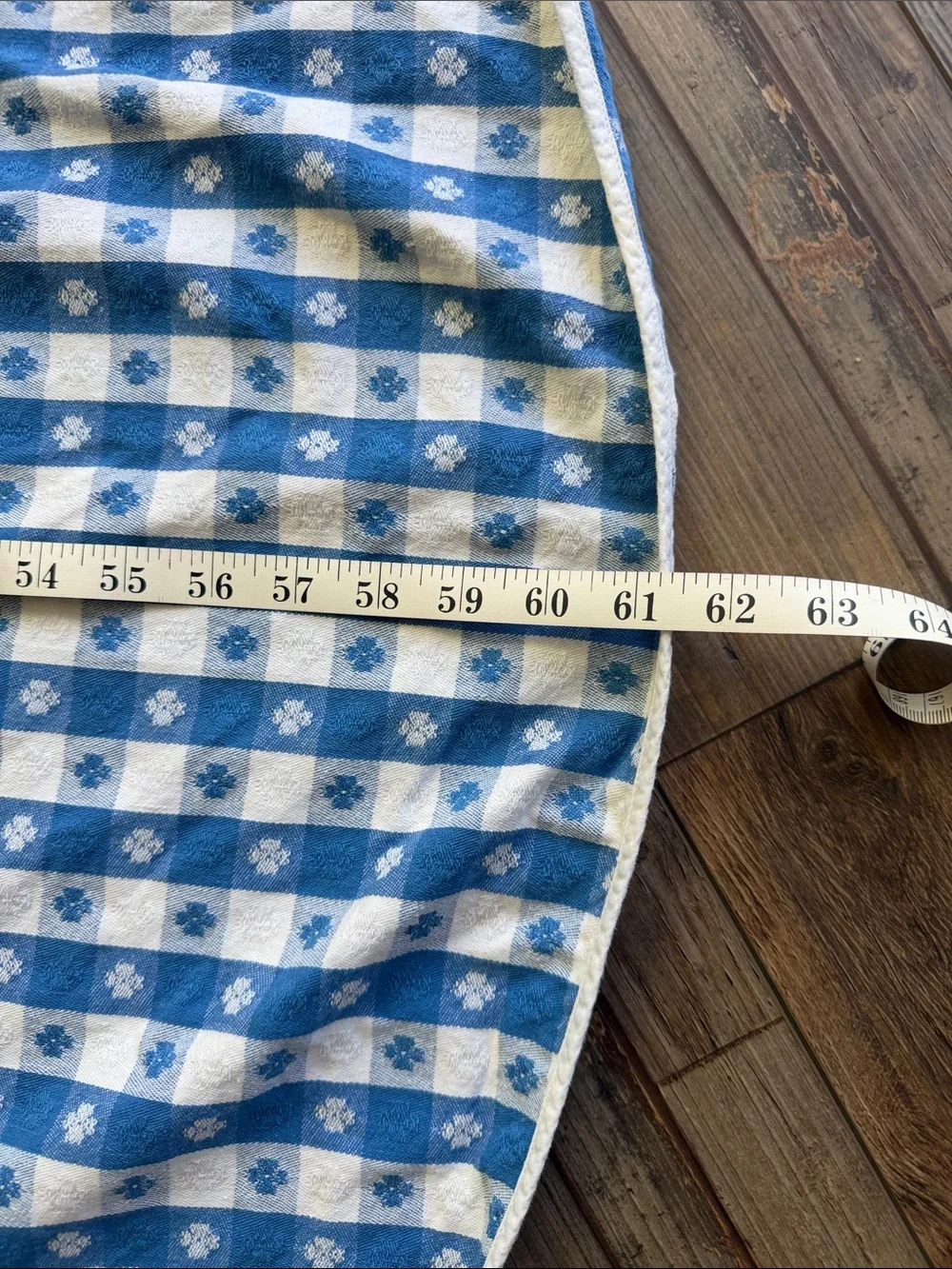 Blue and White Gingham Checkered Round Slightly Oval Linen Tablecloth